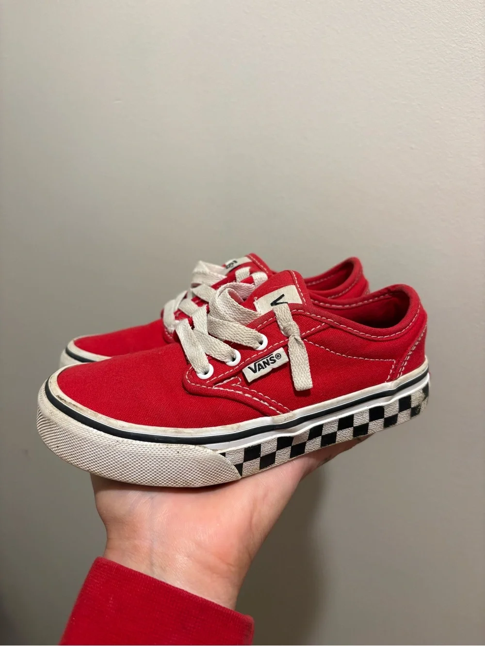 Vans Little Kids Size 12 Low-Top Canvas Sneakers — Red with checkered sole